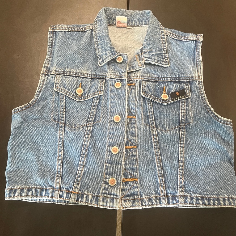 Vintage Denim Jean Vest ILLEGAL Skull Star Retro 80s Moto Jacket Biker Punk Goth
